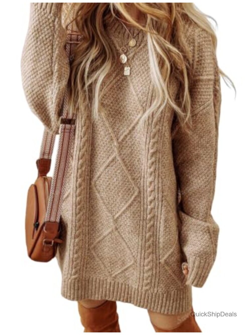 Cable Knit Sweater Dress Oversized Long Sleeve Crew Neck Mini Pullover